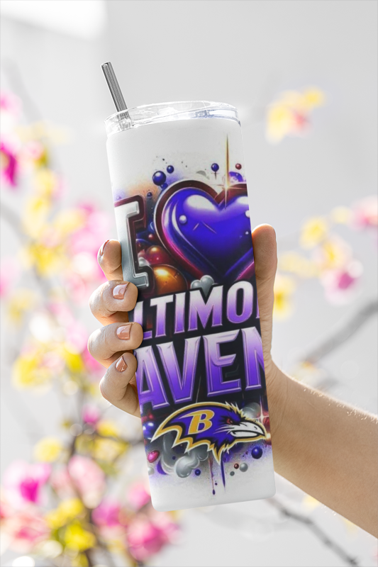 Ravens 20oz Skinny Tumbler with straw - I Love the Ravens Tumbler